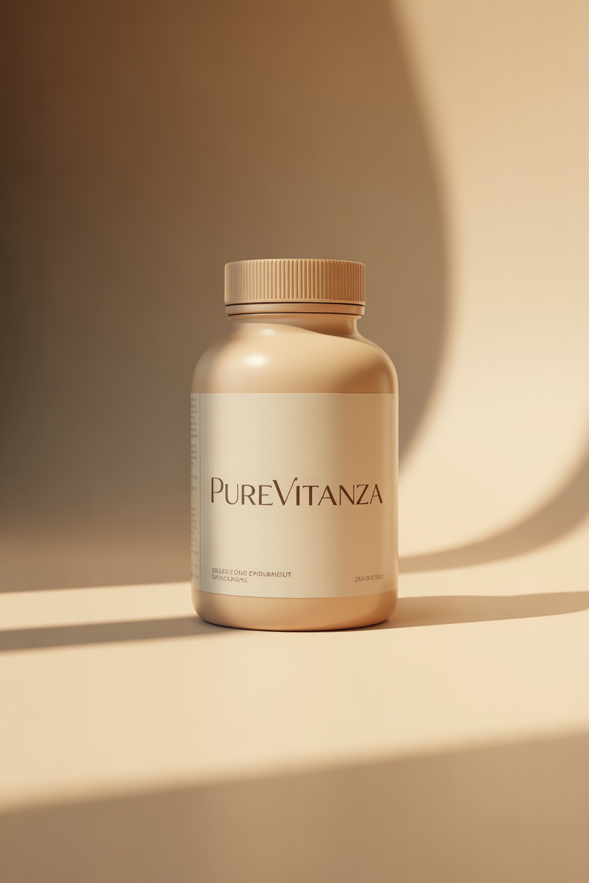 PureVitanza supplement bottle illustration on a warm neutral background